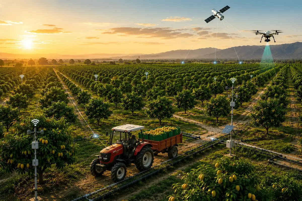 Smart agricultural plantation with tractor, satellite monitoring, and precision farming technologies supporting sustainable crop production.